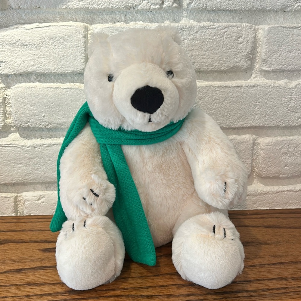 Bath & Body Works White Snowball The Polar Bear Plushie With Green Scarf